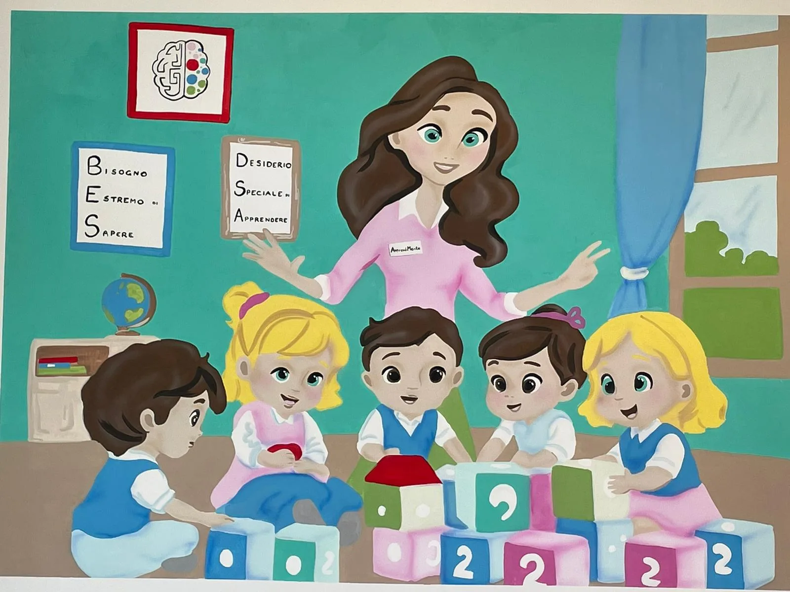 Murales all'ingresso di ApprendiMente Roma Est: terapista con bambini, con BES e DSA riscritti come Bisogno Estremo di Sapere e Desiderio Speciale di Apprendere